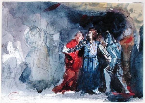 Duch króla ukazujący się Hamletowi, scena z I aktu „Hamleta” Williama Szekspira (1564-1616) (akwarela na papierze) autorstwa Paul Huet