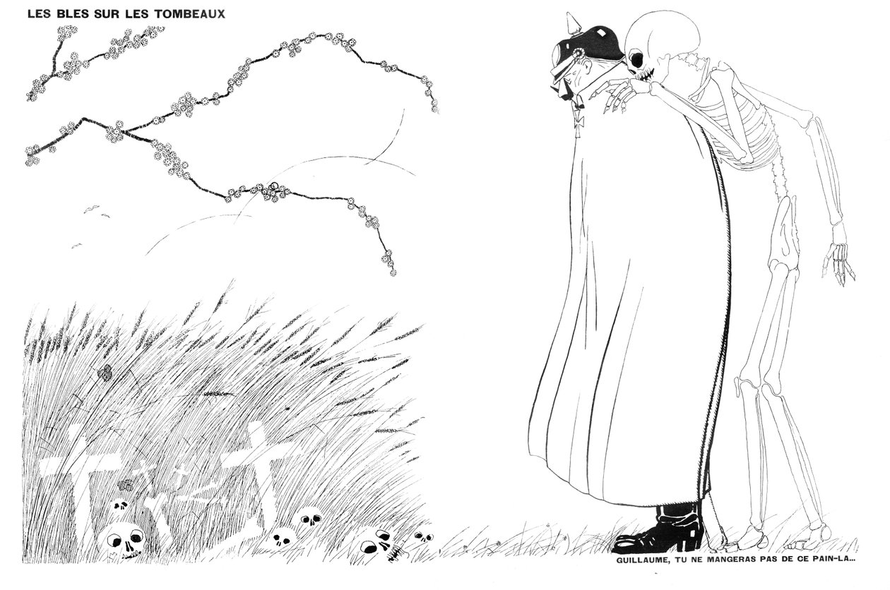 Śmierć mówiąca Kaiserowi Wilhelmowi, że nigdy nie będzie jadł chleba z pszenicy wyhodowanej na zwłokach i grobach francuskich żołnierzy, 13 kwietnia 1916 autorstwa Paul Iribe
