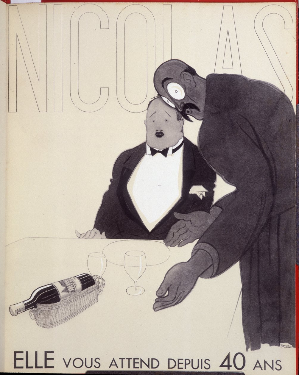 Czeka na Ciebie od 40 lat Kelner restauracji zwraca się do klienta projektując butelkę wina. - reklama Mikołaja, rys. Paul Iribe (1883-1935) autorstwa Paul Iribe