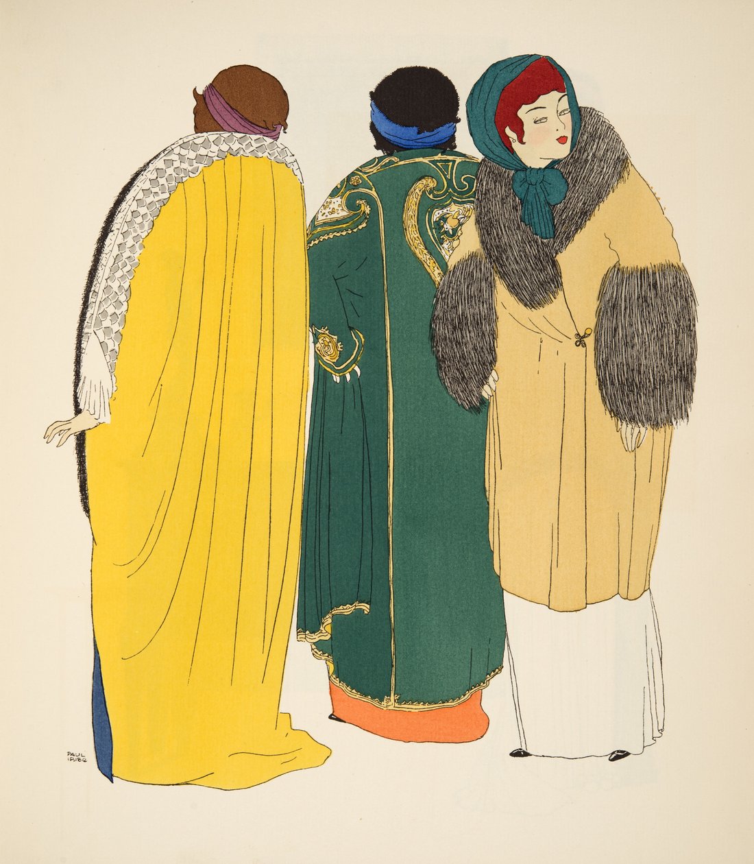 Trzy płaszcze z pubu Les Robes de Paul Poiret. 1908 (odbitka szablonowa) autorstwa Paul Iribe