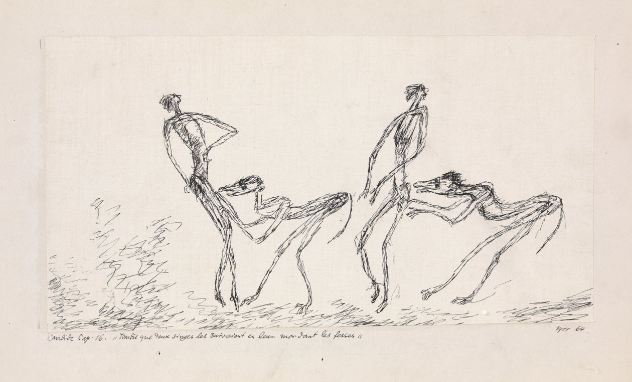 Kandyd, rozdział 16. Podczas gdy dwie małpy podążały za nimi, gryząc pośladki, 1911. autorstwa Paul Klee