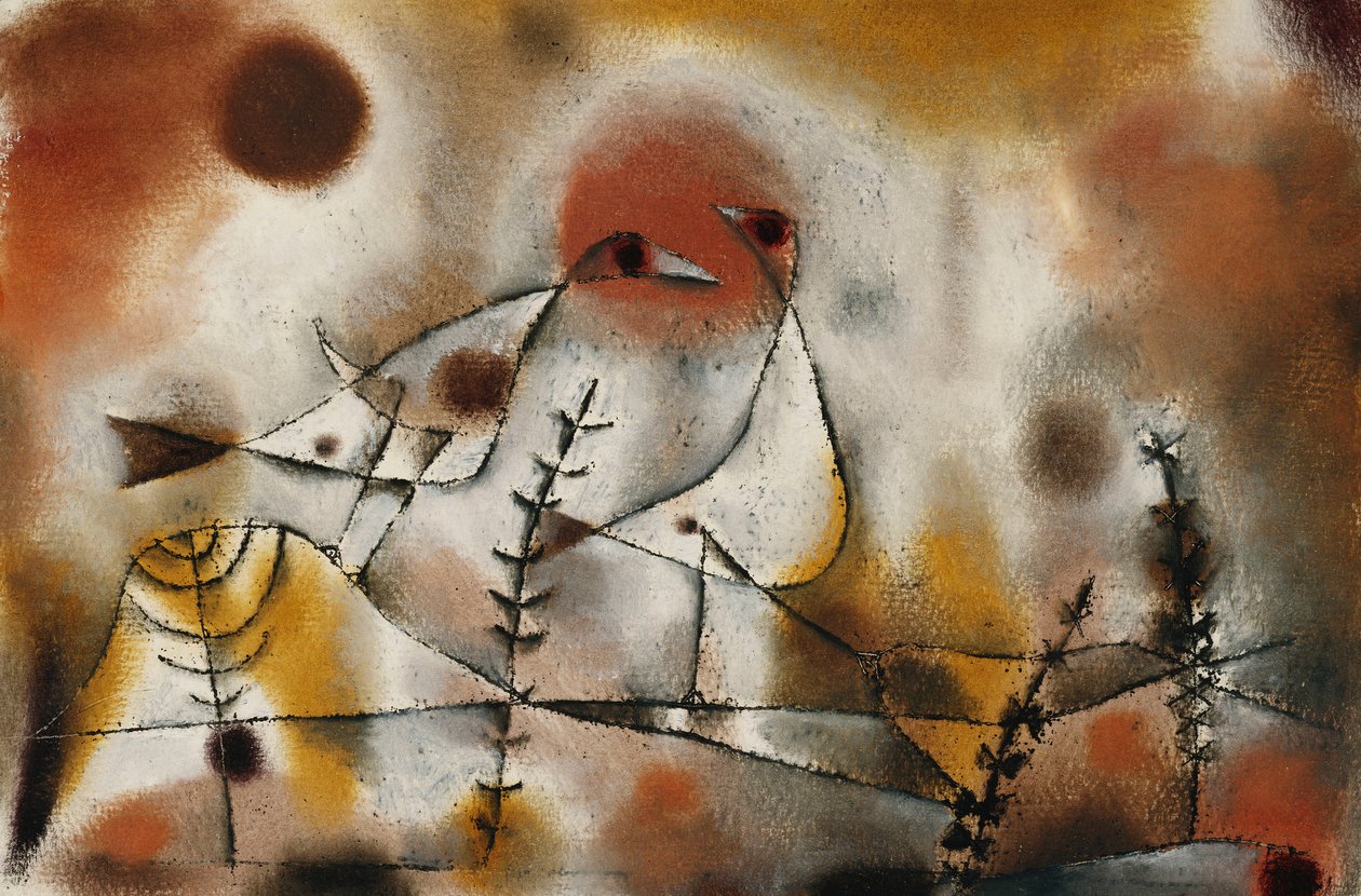 Śnieżne Kurczaki; Schneehuhn, ok. 1920 r. (gwasz, pióro, tusz i pędzel na papierze) autorstwa Paul Klee