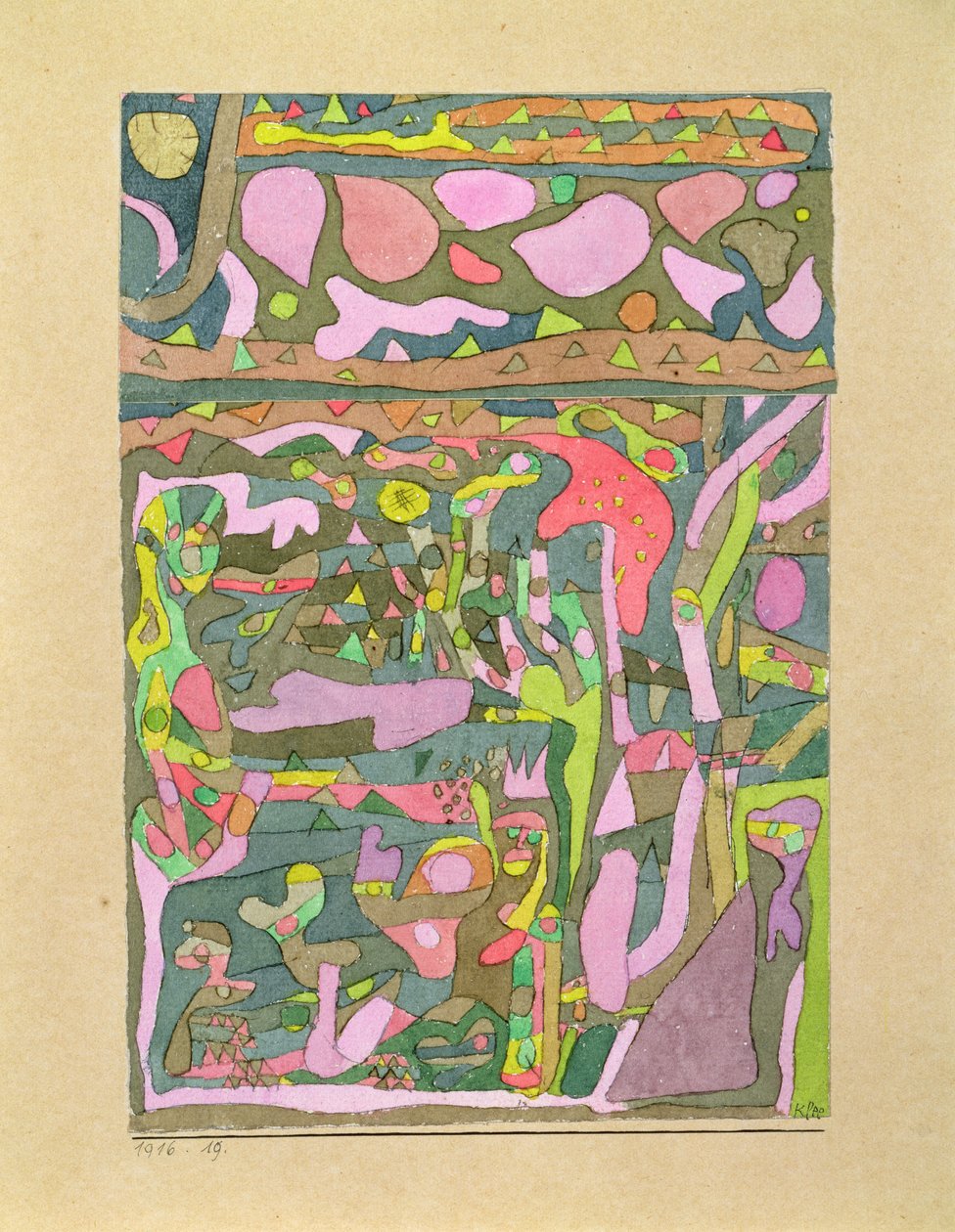 Słońce odkrywające, że świat kolorów już istnieje, skomplikowana kompozycja autorstwa Paul Klee