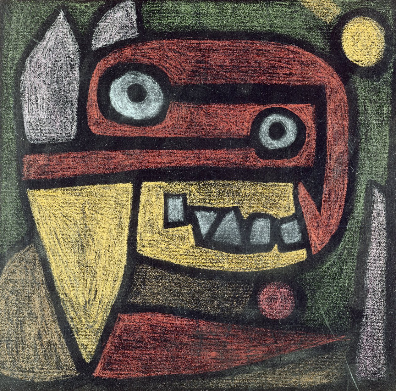Bez tytułu (Maska: dzikie zwierzę) ok. 1939 r. (ołówek i pasta kolorowa na papierze) autorstwa Paul Klee