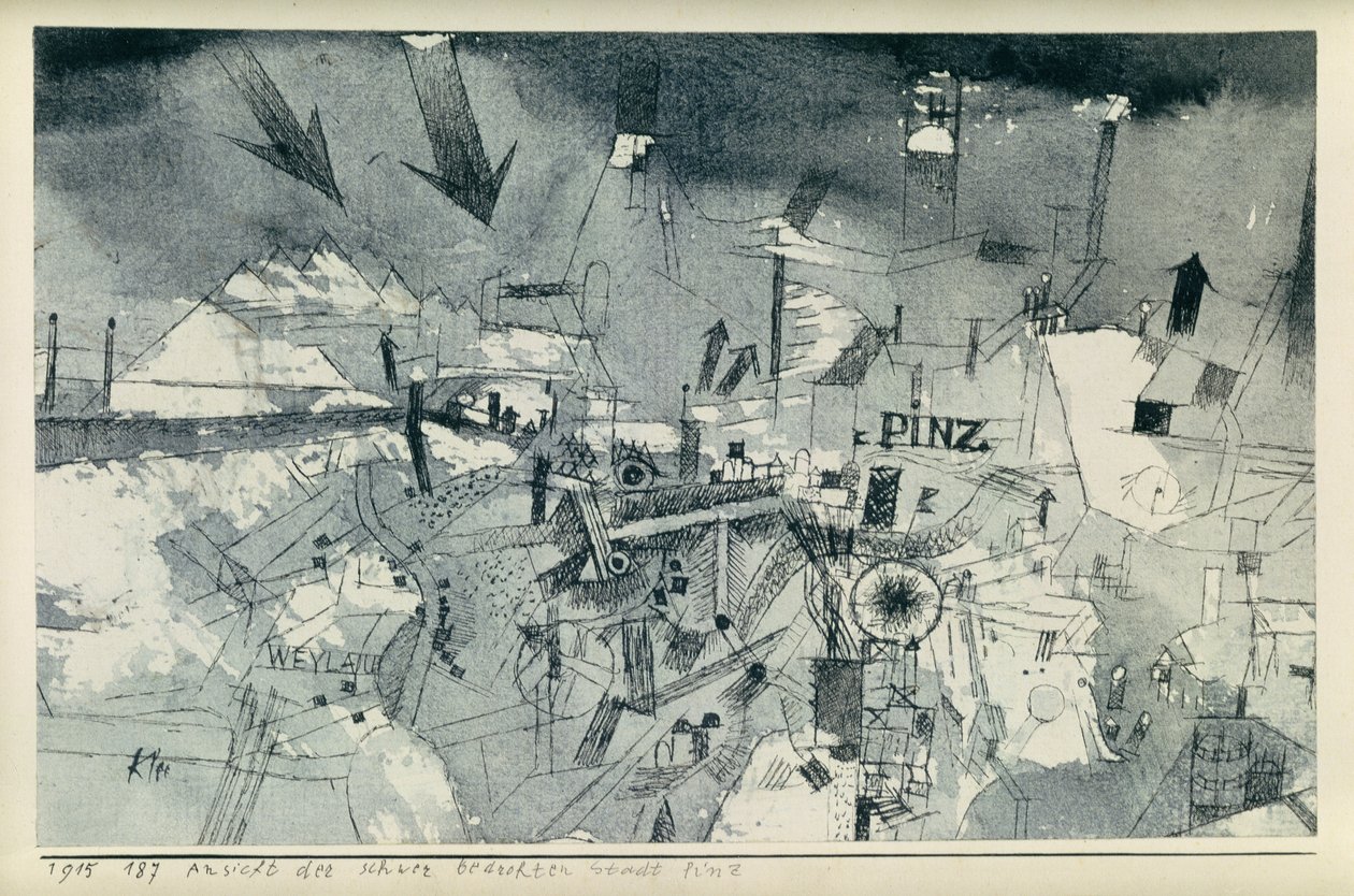 Widok na poważnie zagrożone miasto Pintz autorstwa Paul Klee