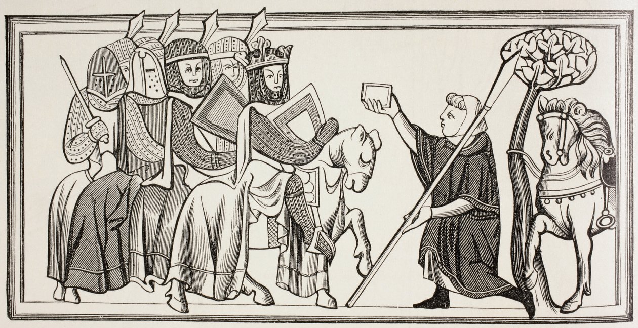 Posłaniec przybywa z wiadomością dla króla stojącego na czele swojej armii. Na podstawie ilustracji z XIII wieku. autorstwa Paul Lacroix