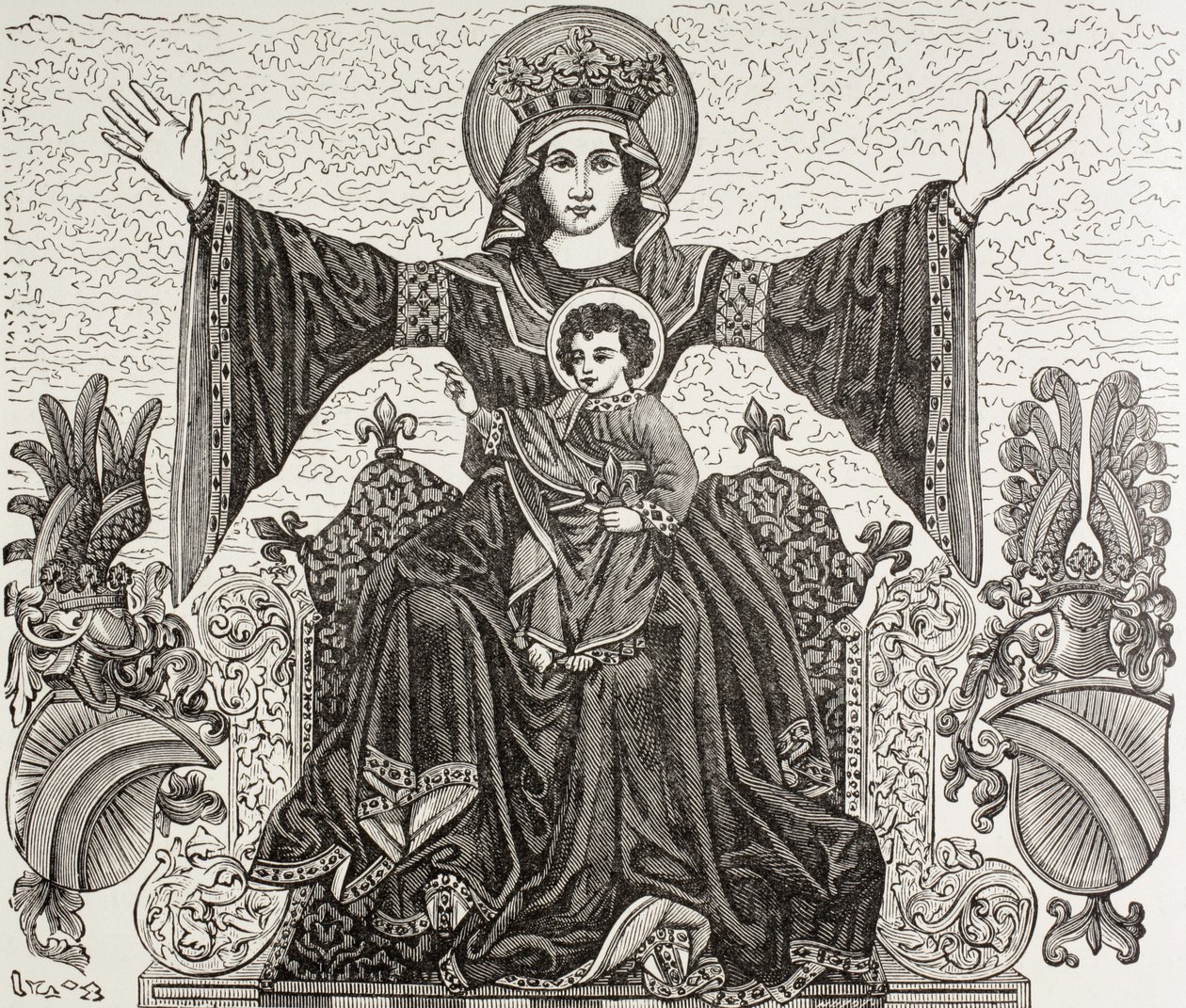 Starożytny sztandar miasta Strasburg we Francji. Przedstawia wizerunek Matki Boskiej, której miasto zostało poświęcone w XIII wieku. Sztandar został zniszczony w 1870 roku podczas bombardowania. autorstwa Paul Lacroix