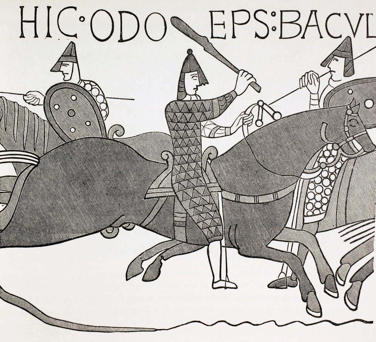 Biskup Edues trzymający batutę i zachęcający żołnierzy księcia Normandii w bitwie pod Hastings. Na podstawie szczegółu z gobelinu z Bayeux. autorstwa Paul Lacroix