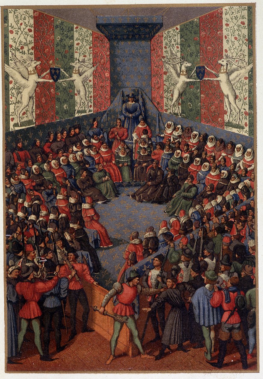 Karol VII przewodniczący sądu Jana, księcia Alencon (sprzymierzonego z Anglikami) w Vendome w 1458 r. - po miniaturze Fouquet, w „Życiu militarnym i religijnym w średniowieczu i epoce renesansu” Paula Lacroix, Paryż autorstwa Paul Lacroix
