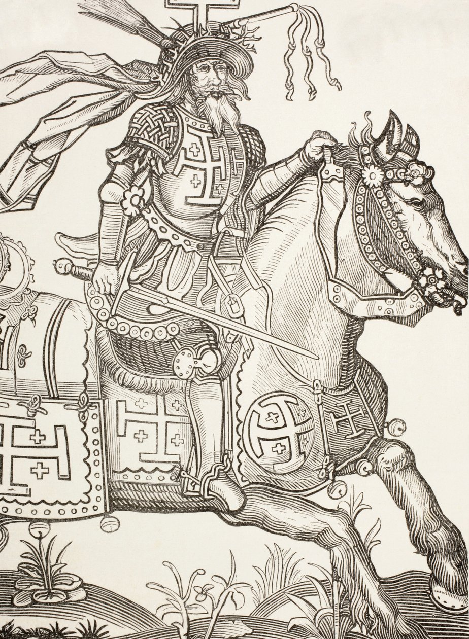 Godfrey z Bouillon, ok. 1060-1100, średniowieczny rycerz frankoński. Przywódca pierwszej krucjaty. Tutaj ukoronowany narzędziami męki Chrystusa. Według XV-wiecznego drzeworytu. autorstwa Paul Lacroix