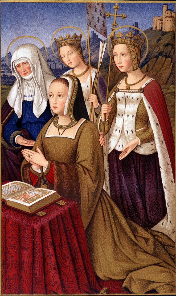Portret Anny Bretanii (1477-1514), królowej Francji, modlącej się ze swoją patronką św. Anny, św. Heleny i św. Urszuli – w „Życiu militarnym i religijnym średniowiecza i renesansu” autorstwa Pawła Lacroix, Paryż autorstwa Paul Lacroix