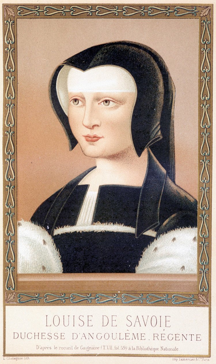 Portret Louise de Savoie (1476-1531), księżnej Angouleme i regenty Francji. Chromolitografia z „Ludwika XII i Anny de Bretagne” Paula Lacroix, wyd. Georges Hurtrel autorstwa Paul Lacroix