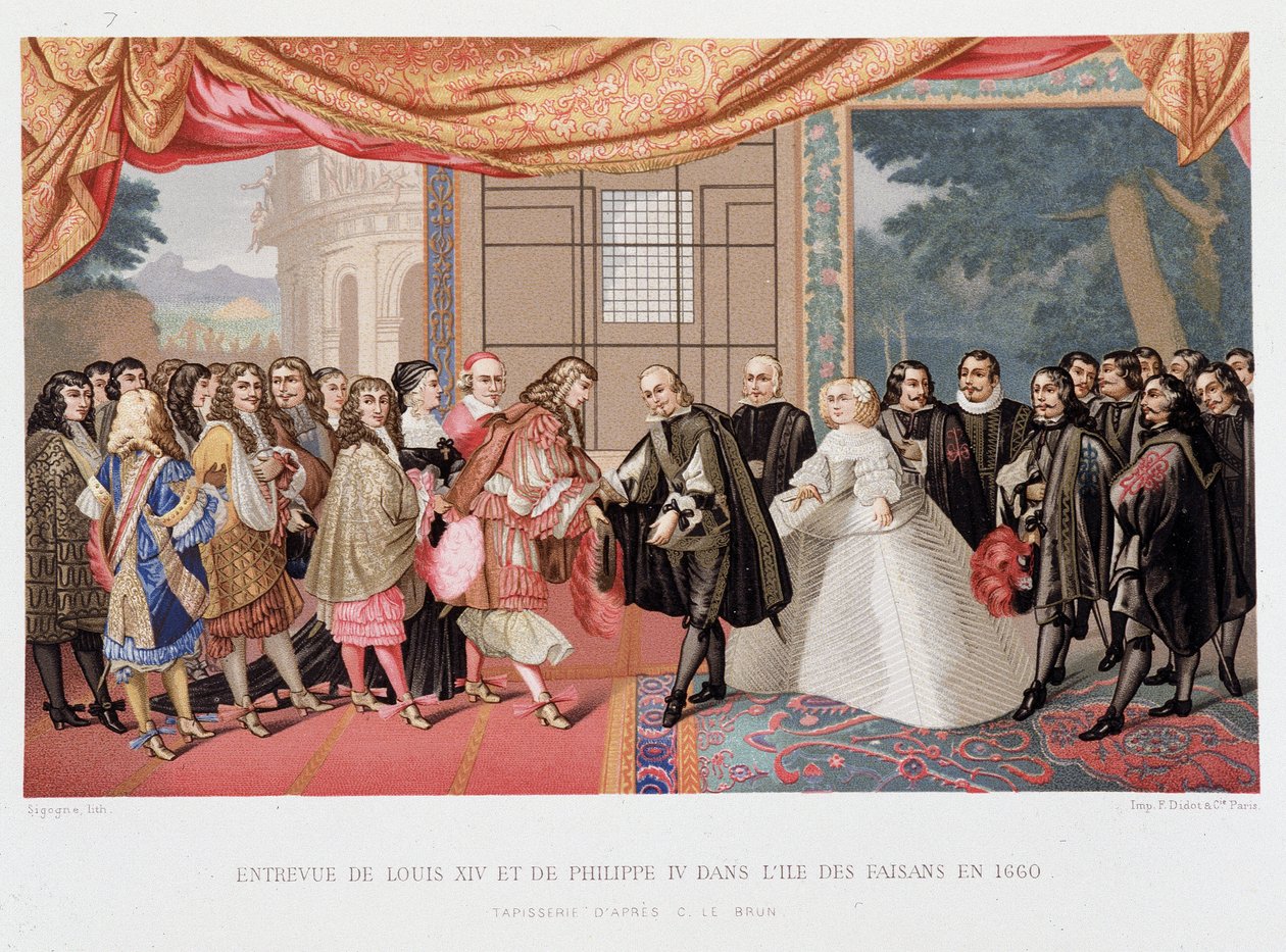 Wojna trzydziestoletnia: „”Wywiad króla Francji Ludwika XIV (1638-1715) i Filipa IV Hiszpanii (1605-1665) na wyspie Paisans w dniu 7.11.1659”” Hiszpania zgadza się podpisać traktat Pireneje. Córka Filipa IV, Marie Therese (Marie-Therese) autorstwa Paul Lacroix