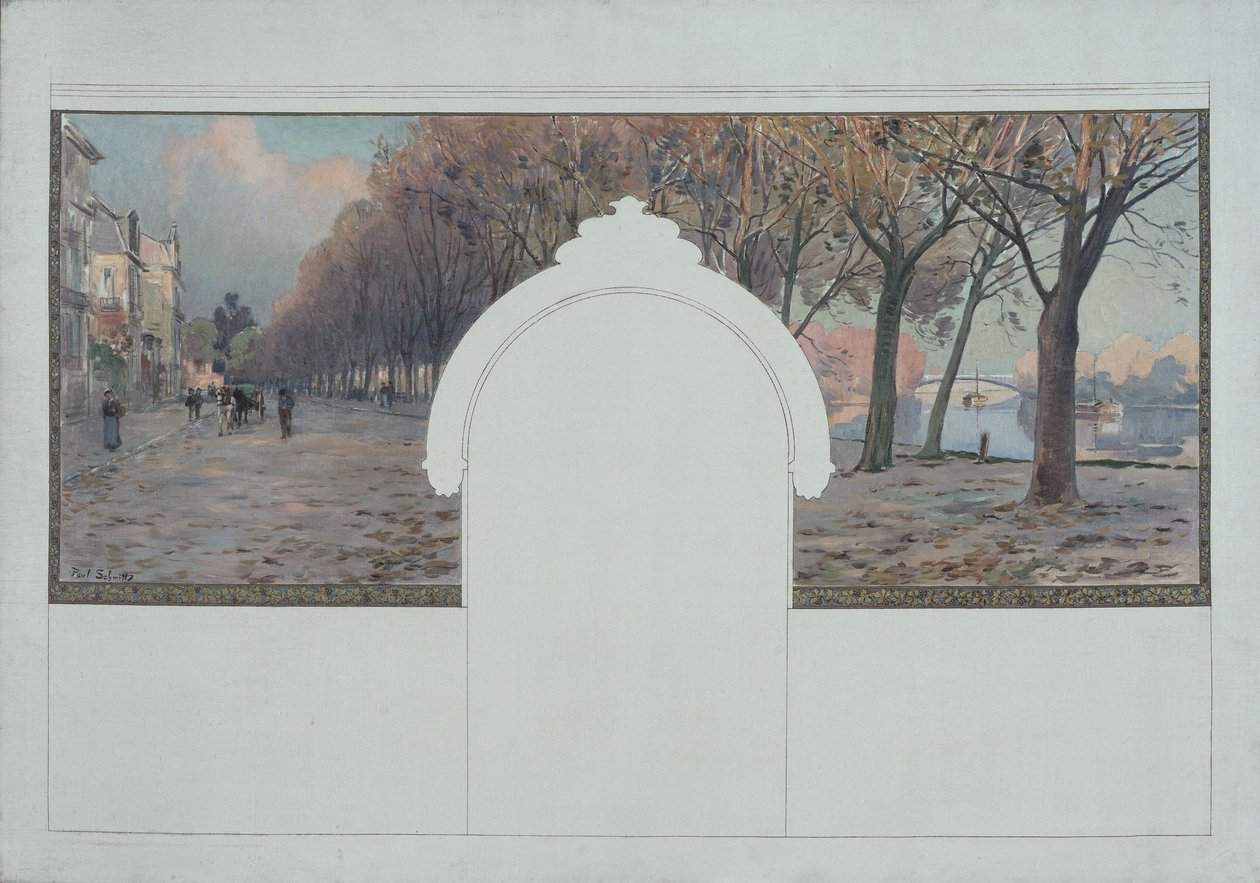 Szkic ratusza w Asnières: Pejzaż. Quais de la Seine à Asnières, około 1901 (olej na płótnie z czarnym tuszem) autorstwa Paul Léon Felix (attr. to) Schmitt