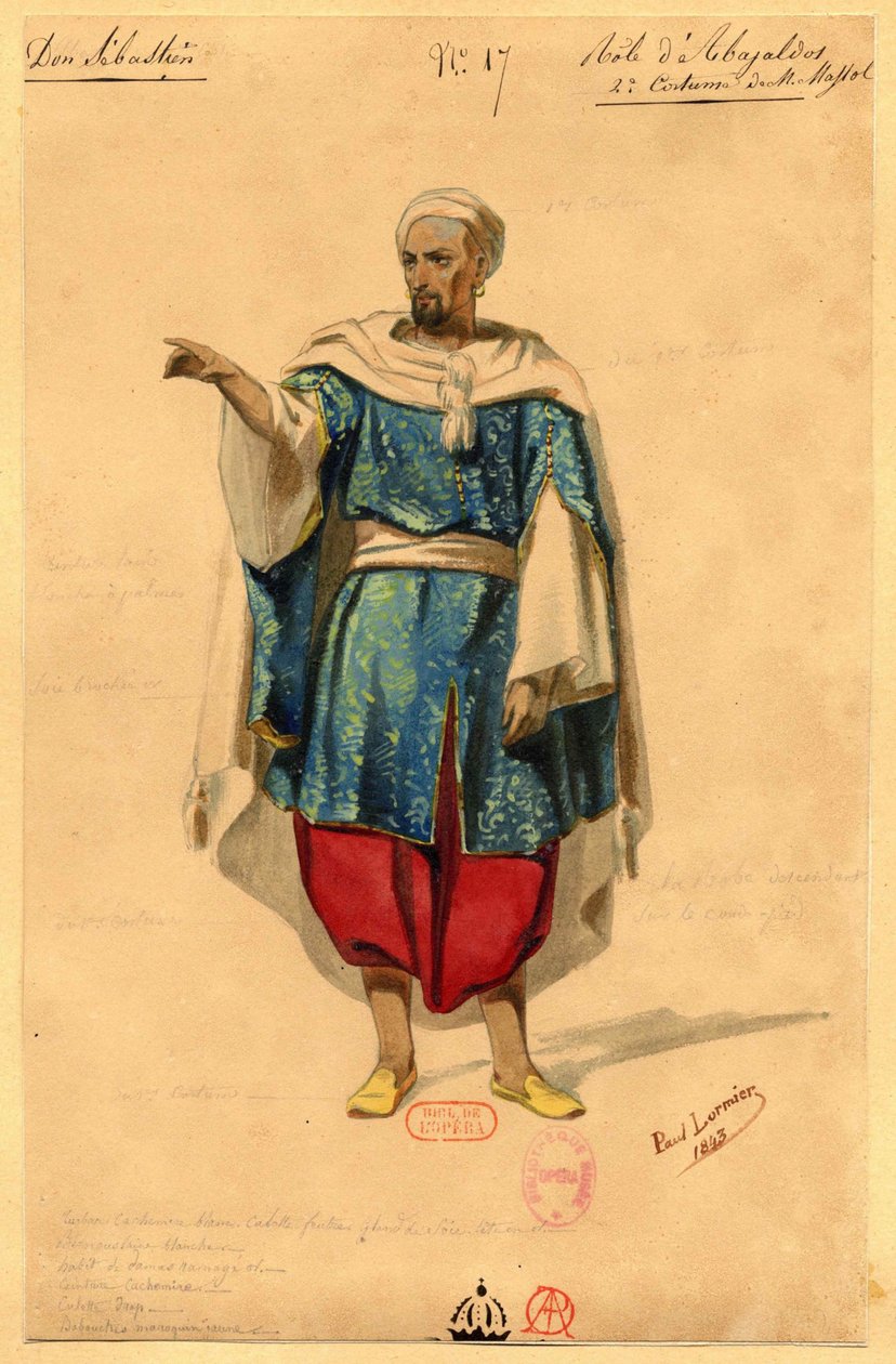 Abayaldosa. Projekt kostiumu do opery Dom Sébastien, Król Portugalii, 1843. autorstwa Paul Lormier