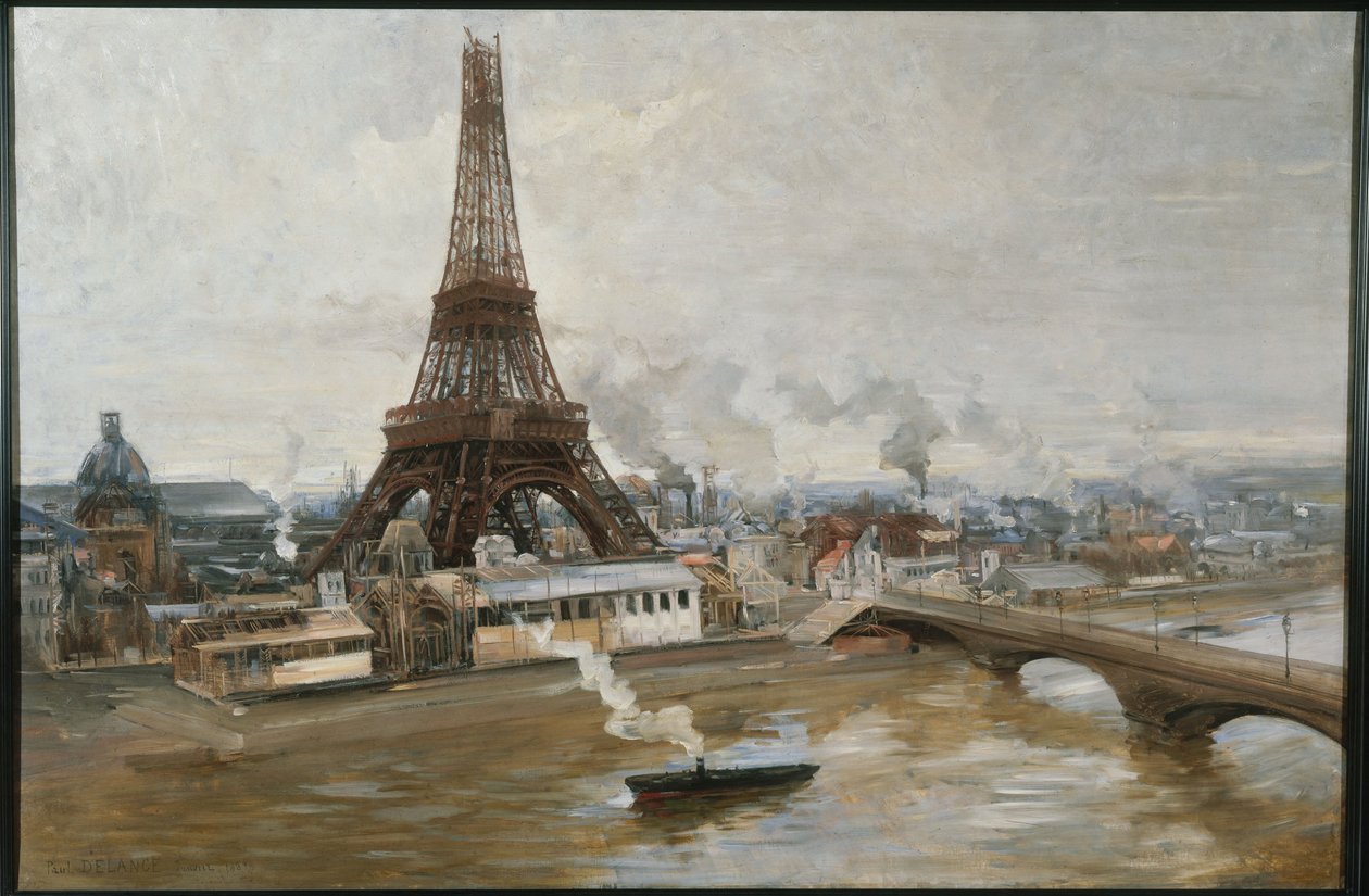 Wieża Eiffla i dzieła na Wystawie Powszechnej w styczniu 1889 roku, w latach 1-1889 (olej na płótnie) autorstwa Paul Louis Delance