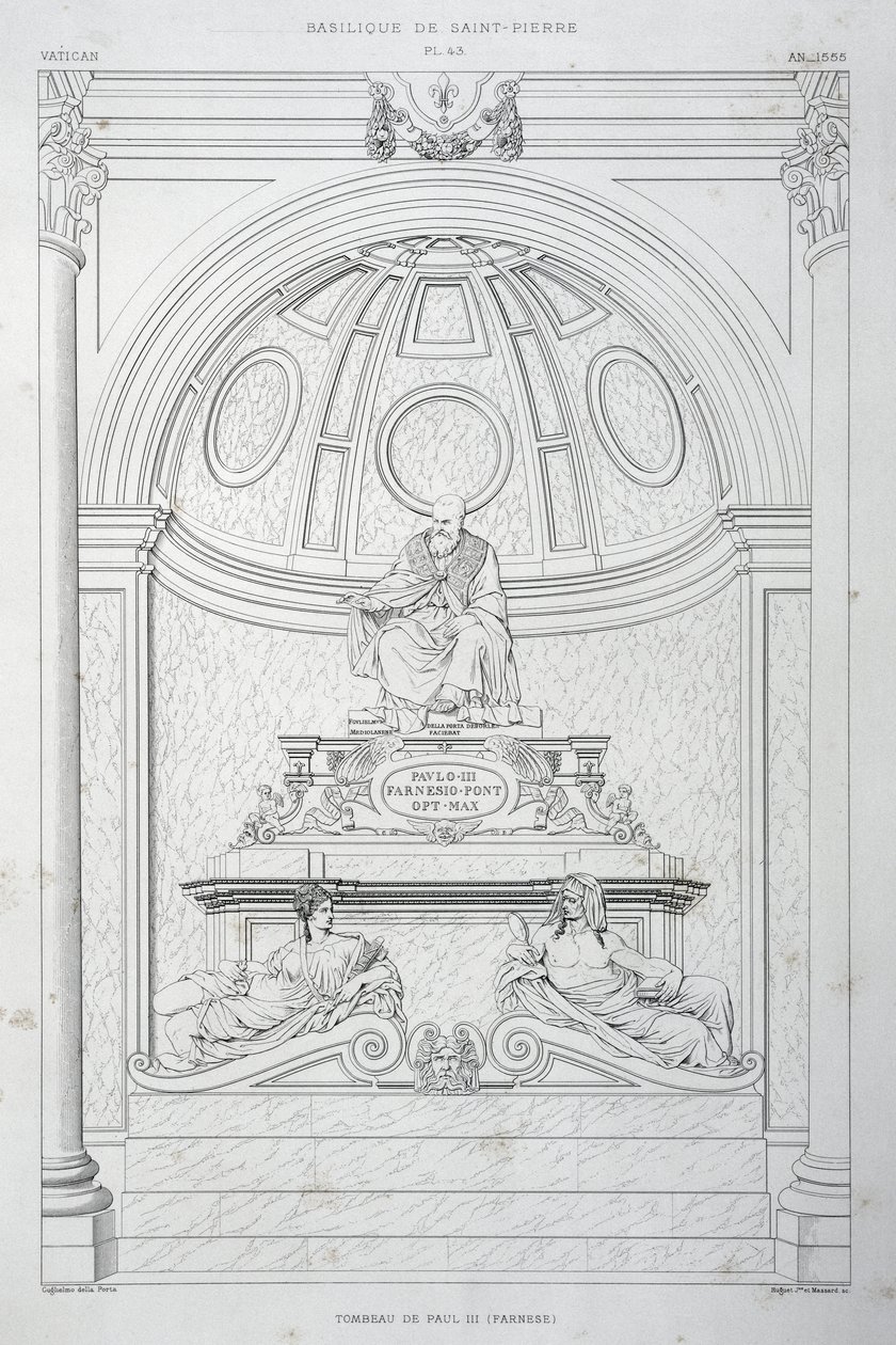 Pomnik nagrobny papieża Pawła III (Farnese), rycina z Watykanu i Bazyliki św. Piotra autorstwa Paul Marie Letarouilly