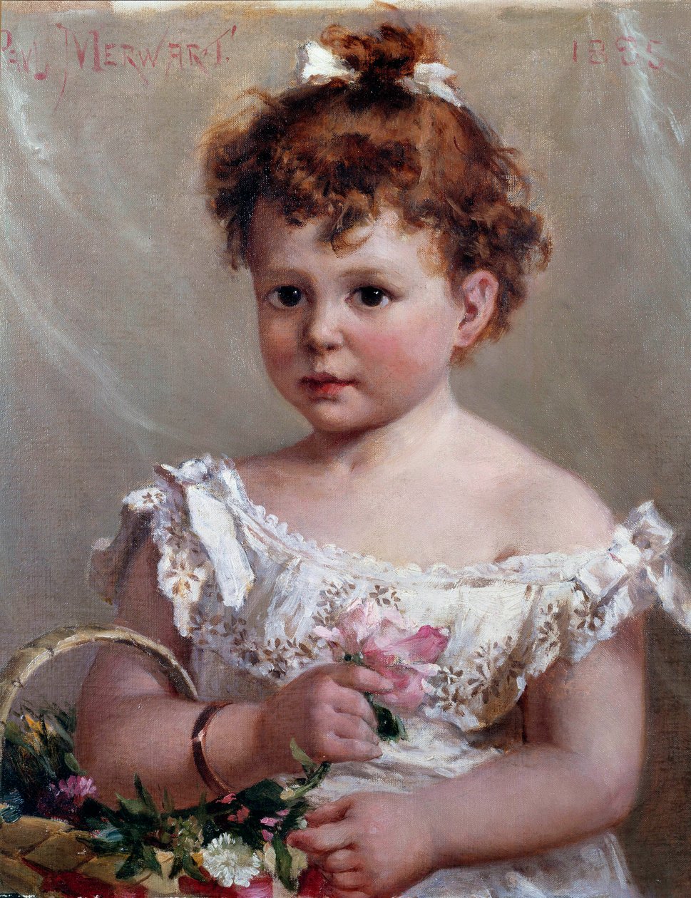 Dziewczyna w koszyku czyli Helene Loeb, przyszła Madame Victor Lyon, w wieku dwóch lat Obraz Paula Merwarta (1855-1902) XIX-wieczne słońce. 0,46x0,38 m² autorstwa Paul Merwart