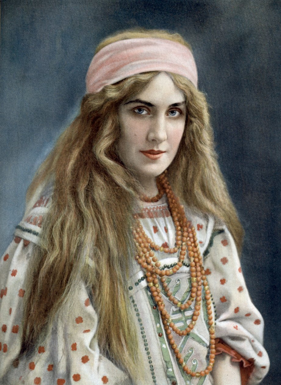 Śpiewaczka operowa Marguerite Carre (1880-1947) jako Snegourotchka w operze Snegourotchka, Paryż, fot. Paul Nadar z francuskiej gazety „Le Theatre” lipiec 1908 autorstwa Paul Nadar