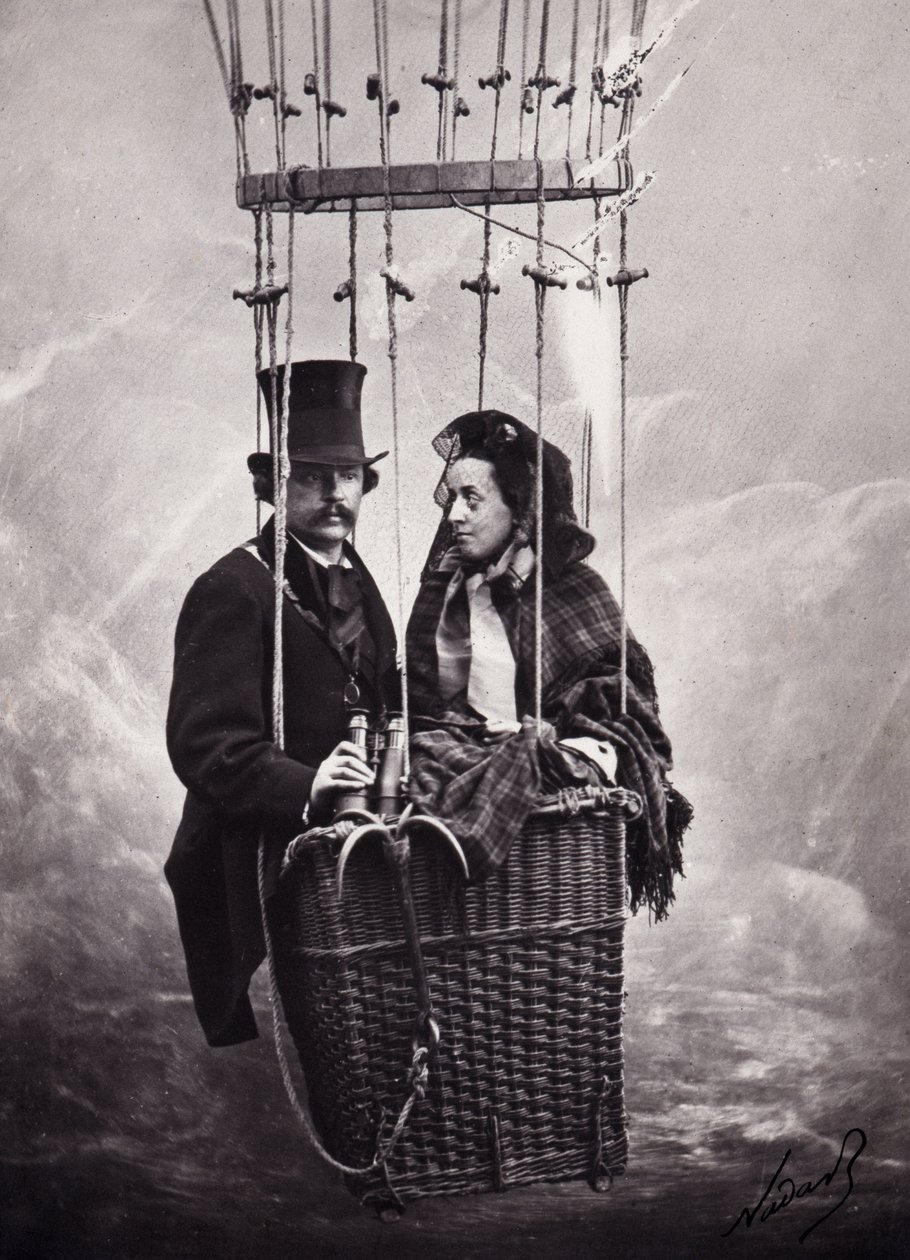 Paul Nadar i jego żona w koszu balonu (balon na ogrzane powietrze) (zdjęcie czarno-białe) autorstwa Paul Nadar