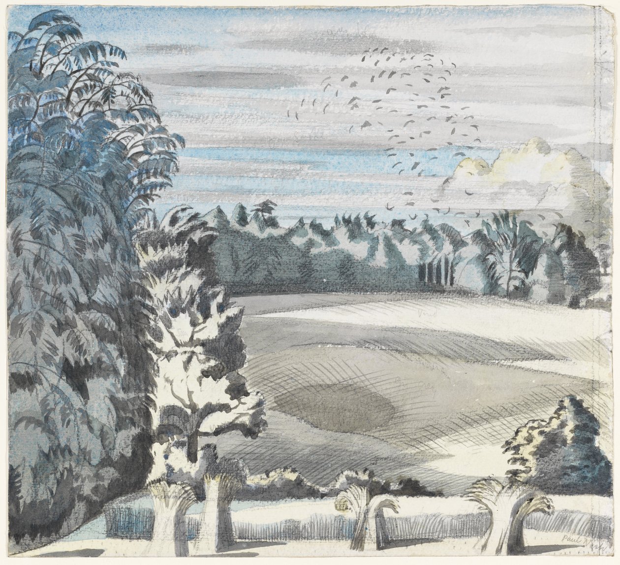 Pejzaż z gawronami, ok. 1913-14 (czarna kreda i akwarela na papierze) autorstwa Paul Nash