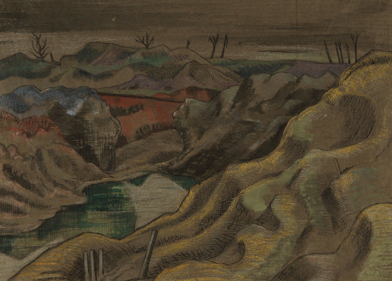 Krajobraz: Wzgórze 60, ok. 1917 (tusz i akwarela na papierze) autorstwa Paul Nash