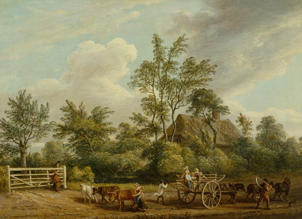 Wózek z sianem z robotnikami rolnymi i bydłem w pobliżu Easton Park, Suffolk (olej na płótnie) autorstwa Paul Sandby