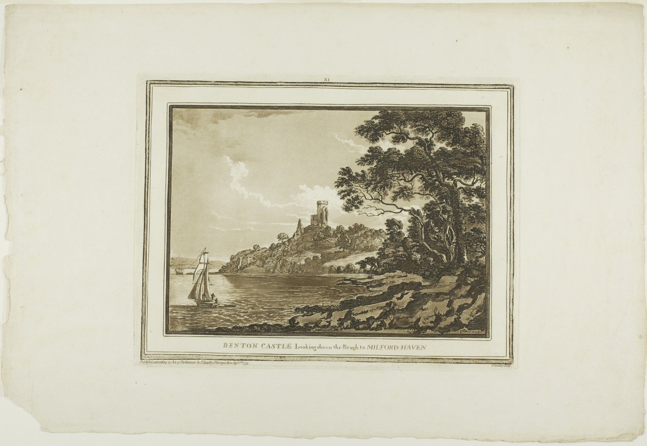 Zamek Benton Patrząc w dół Reach do Milford Haven, z Dwunastu Widoków w Aquatinta z Rysunków wykonanych na miejscu w Południowej Walii autorstwa Paul Sandby