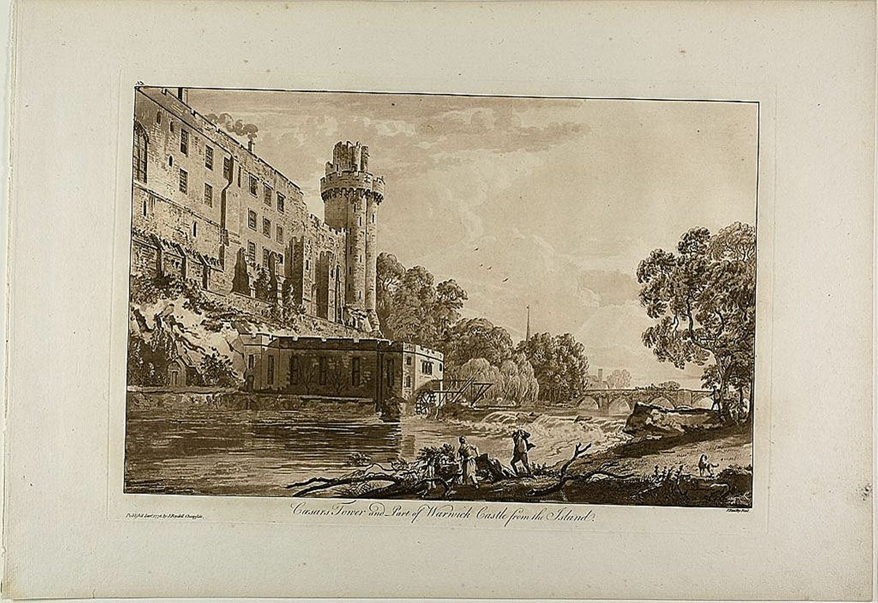 Wieża Cezara i część zamku Warwick z wyspy, płyta trzecia z Views of Warwick Castle autorstwa Paul Sandby