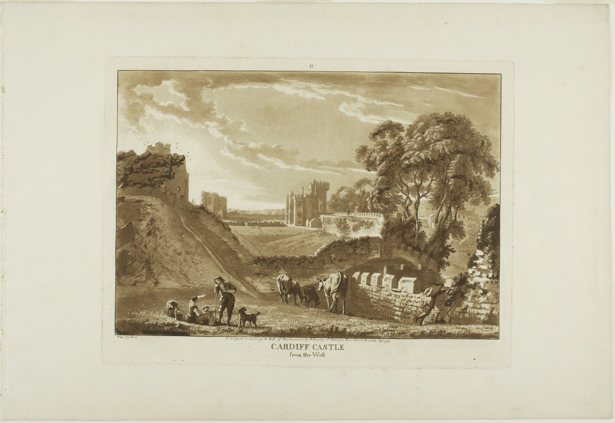 Zamek w Cardiff od strony zachodniej, plansza druga z albumu Twelve Views in Wales autorstwa Paul Sandby