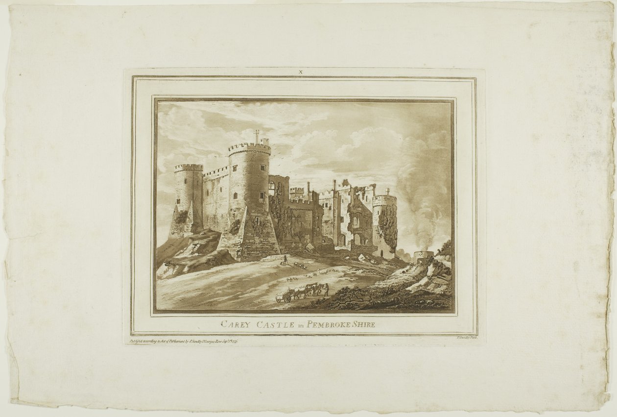 Zamek Carey w Pembroke Shire, z Dwunastu widoków w Aquatinta z Rysunków wykonanych na miejscu w Południowej Walii autorstwa Paul Sandby