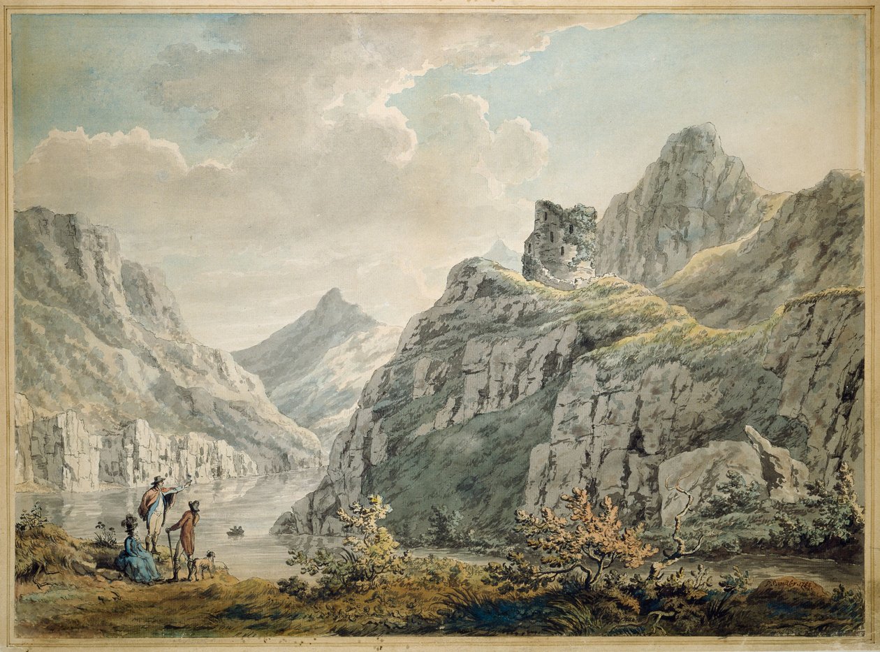 Zamek Dolbardarn i jezioro Llanberris, 1764 autorstwa Paul Sandby