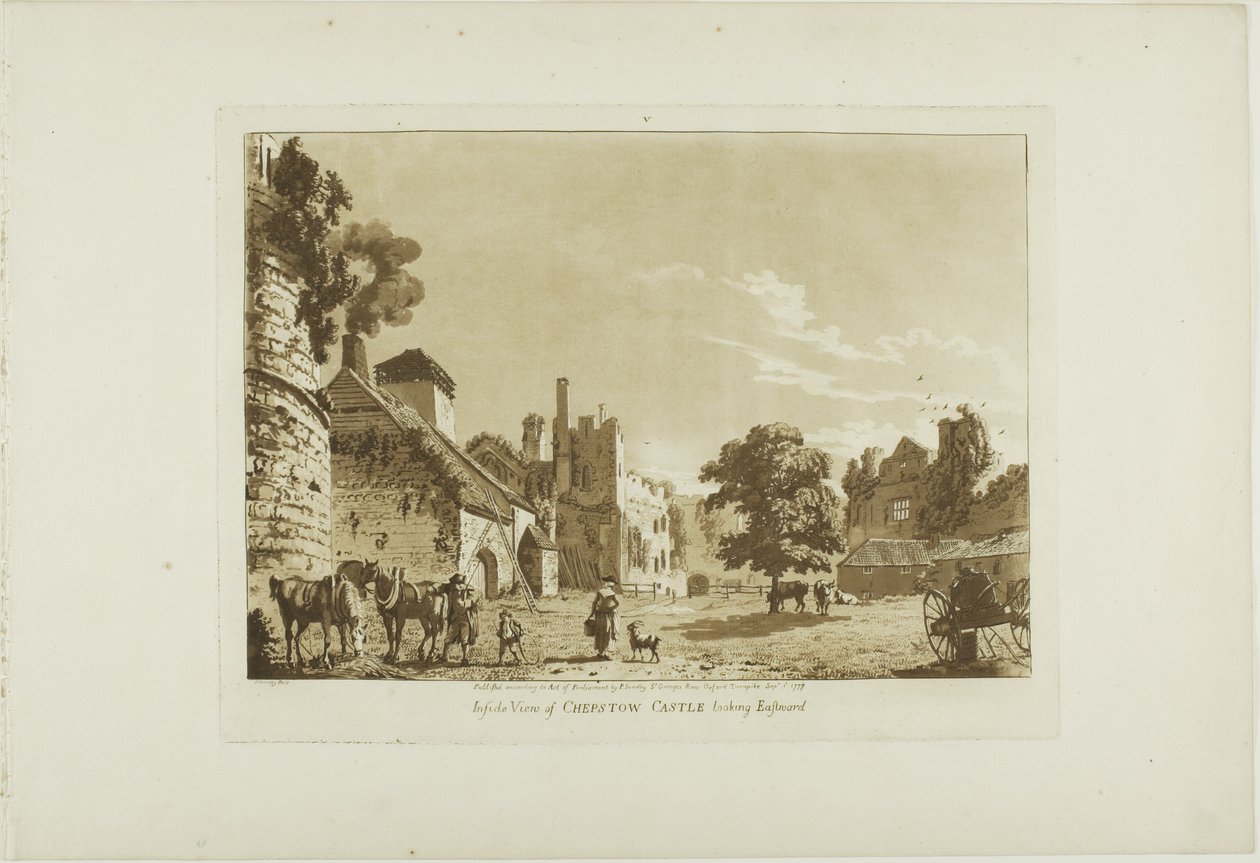 Widok zamku Chepstow od wewnątrz, patrząc na wschód, płyta piąta z albumu Twelve Views in Wales autorstwa Paul Sandby