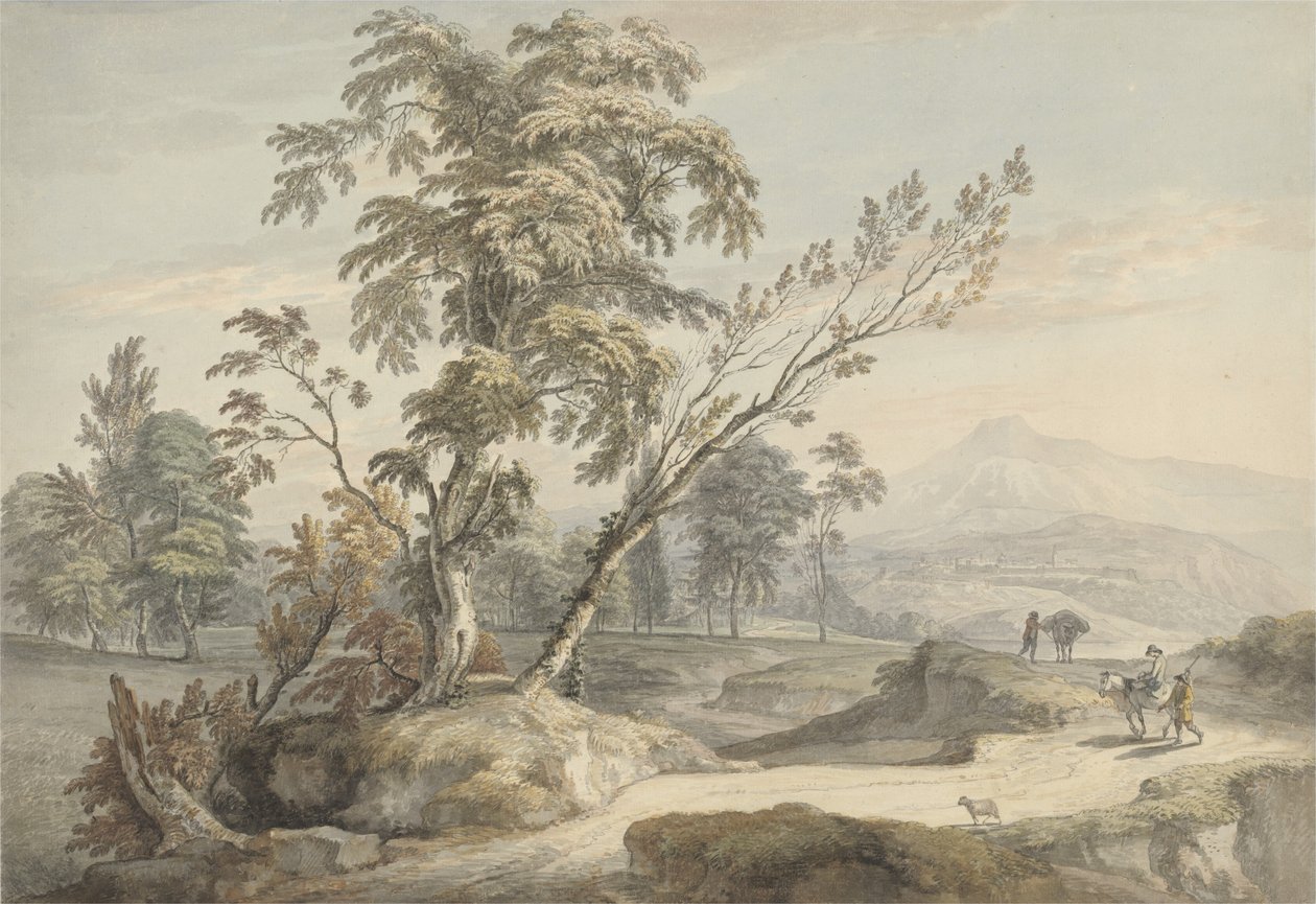 Italianate Landscape with Travelers nr 2, ok. 1760 (akwarela, długopis i szary tusz na graficie) autorstwa Paul Sandby