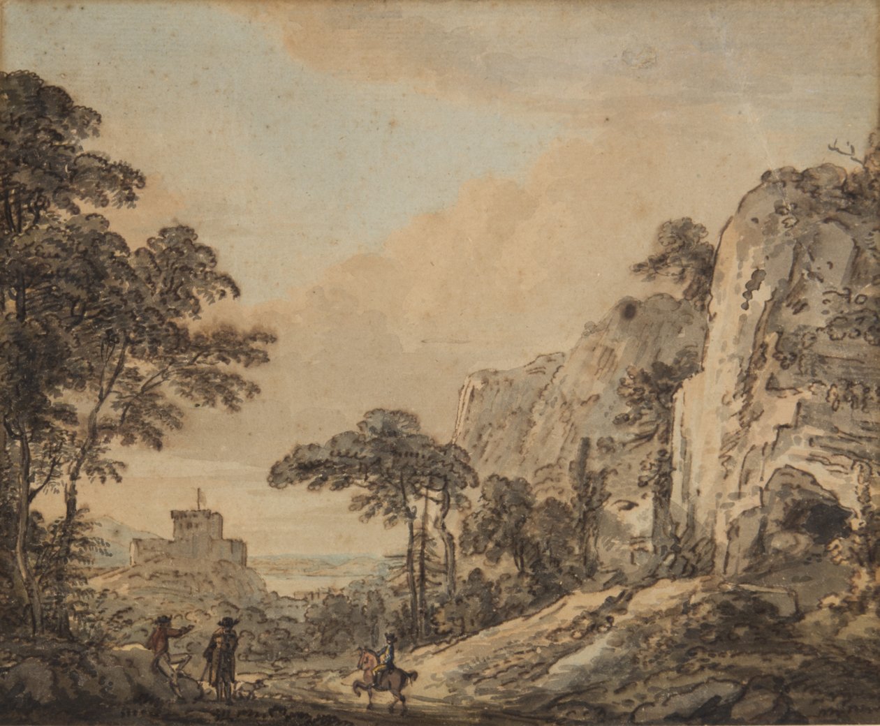 Krajobraz z jeźdźcem (pióro, atrament, pędzel i toaleta na papierze) autorstwa Paul Sandby