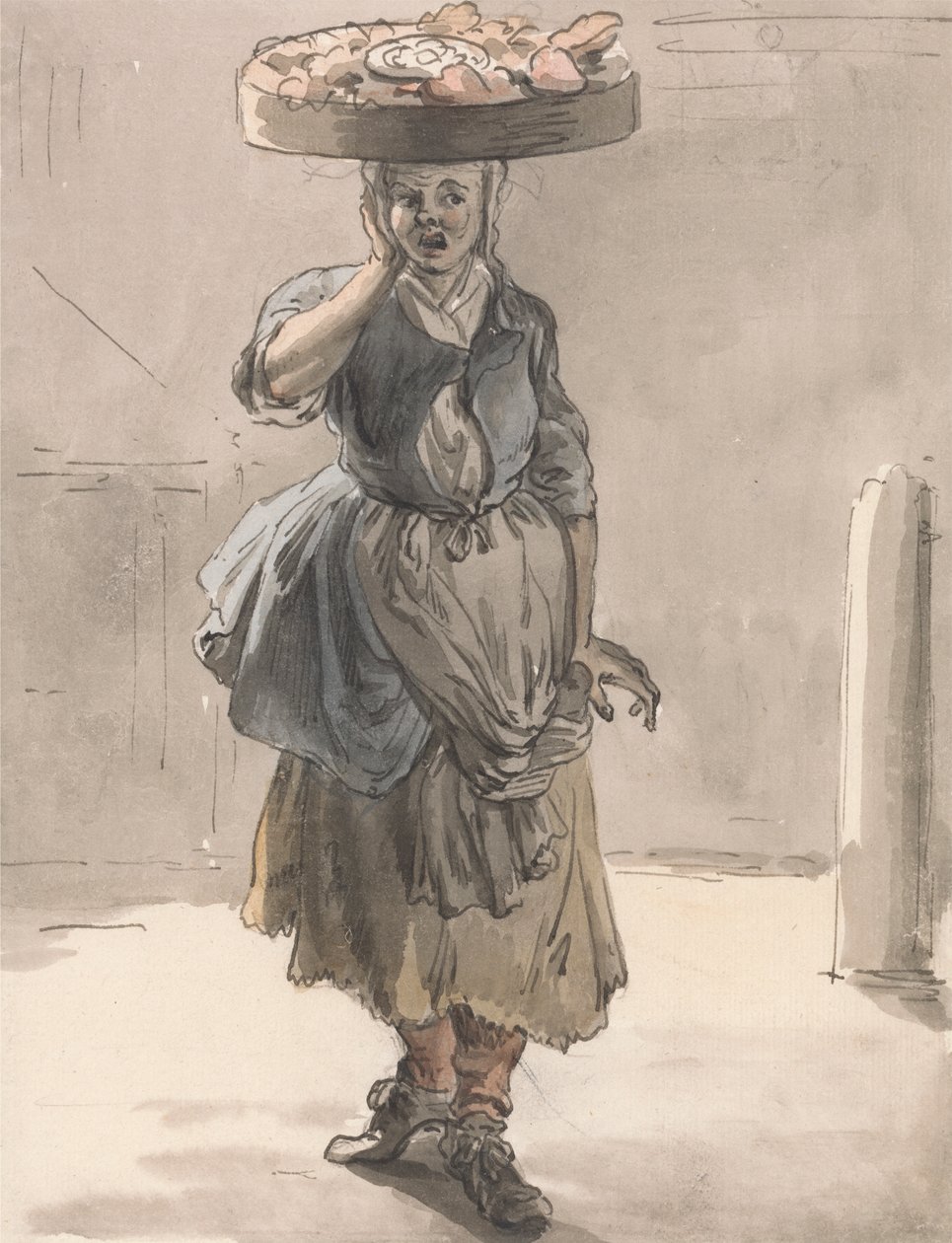London Cries: Dziewczyna z koszem na głowie („Światła dla kotów, wątroba dla psów”) autorstwa Paul Sandby