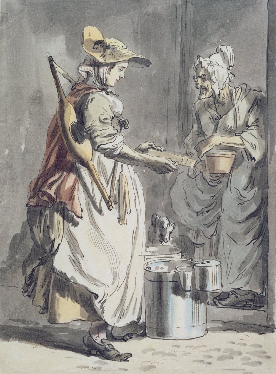 London Cries: A Milkmaid, ok. 1759 (pędzel z piórem i tuszem, akwarela i grafit na papierze) autorstwa Paul Sandby