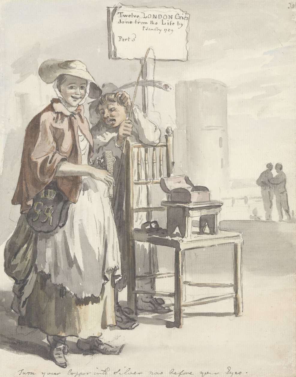 London Cries: „Zamień swoją miedź w srebro teraz, przed oczami” (pióro, pędzel i atrament, akwarela i grafit na papierze) autorstwa Paul Sandby