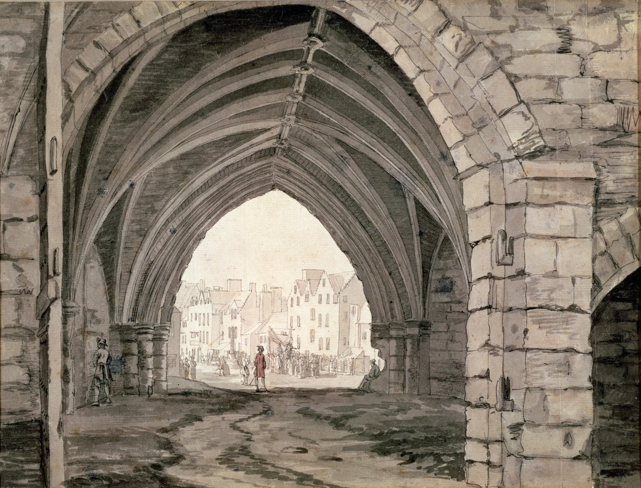 Część opactwa Holyrood z widokiem na Canongate (pióro, tusz i wash) autorstwa Paul Sandby