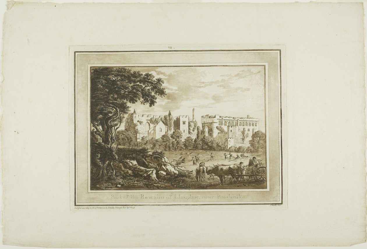 Część Remains of Llanphor, w pobliżu Pembroke, z Dwunastu widoków w Aquatinta z Rysunków wykonanych na miejscu w Południowej Walii autorstwa Paul Sandby