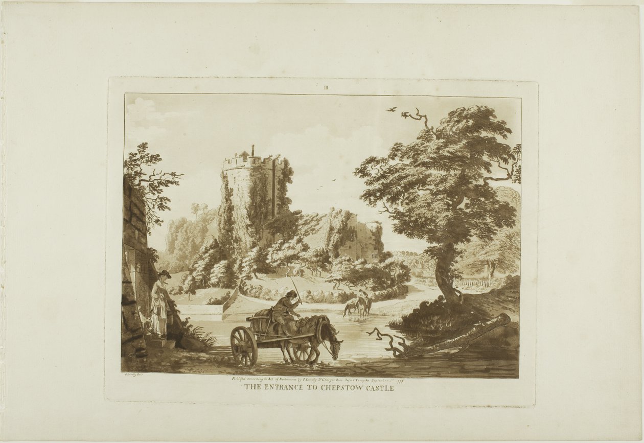 Wejście do zamku Chepstow, płyta trzecia z albumu Twelve Views in Wales autorstwa Paul Sandby