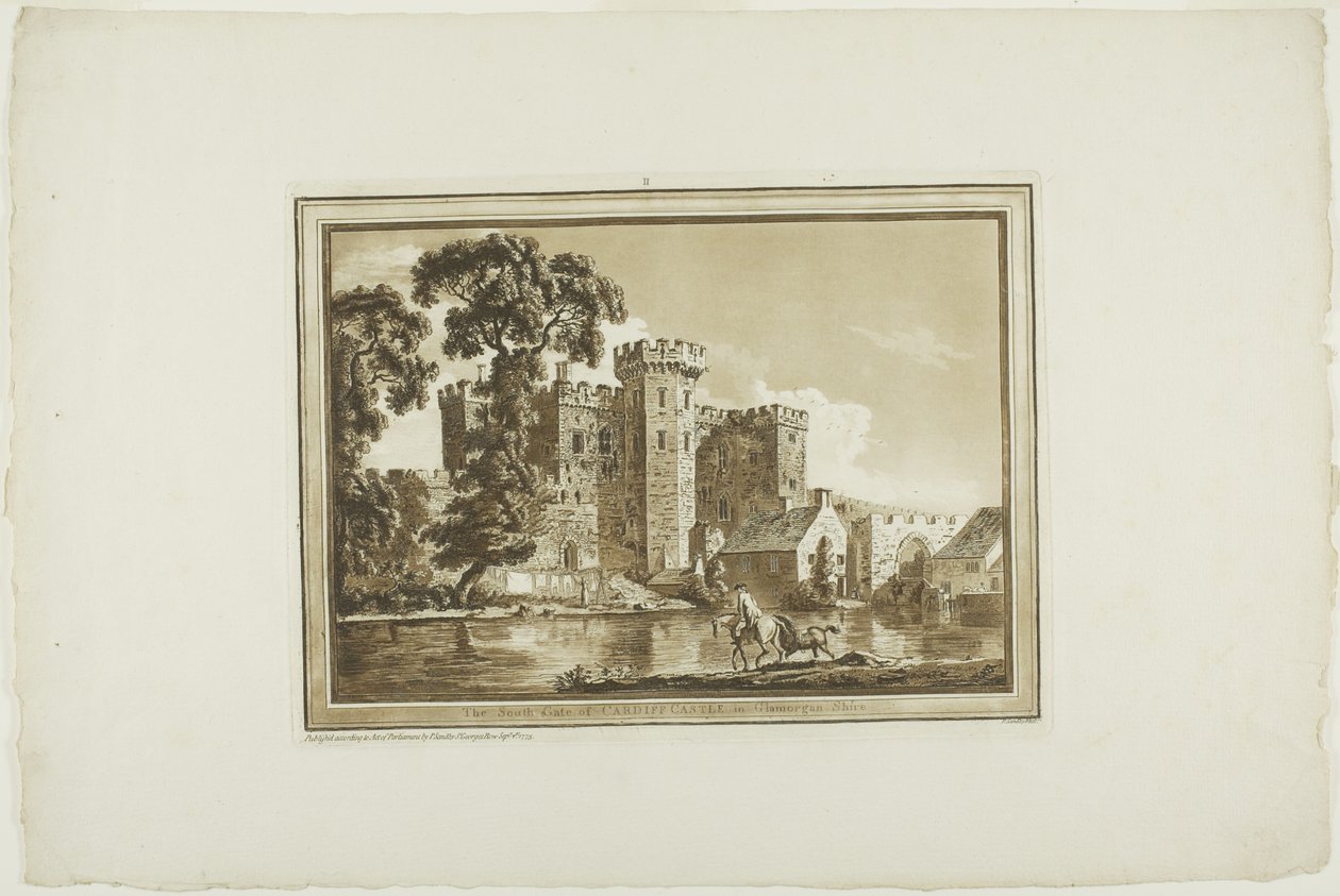 Południowa Brama zamku Cardiff w Glamorgan Shire, z Dwunastu widoków w Aquatint z Rysunków wykonanych na miejscu w Południowej Walii autorstwa Paul Sandby