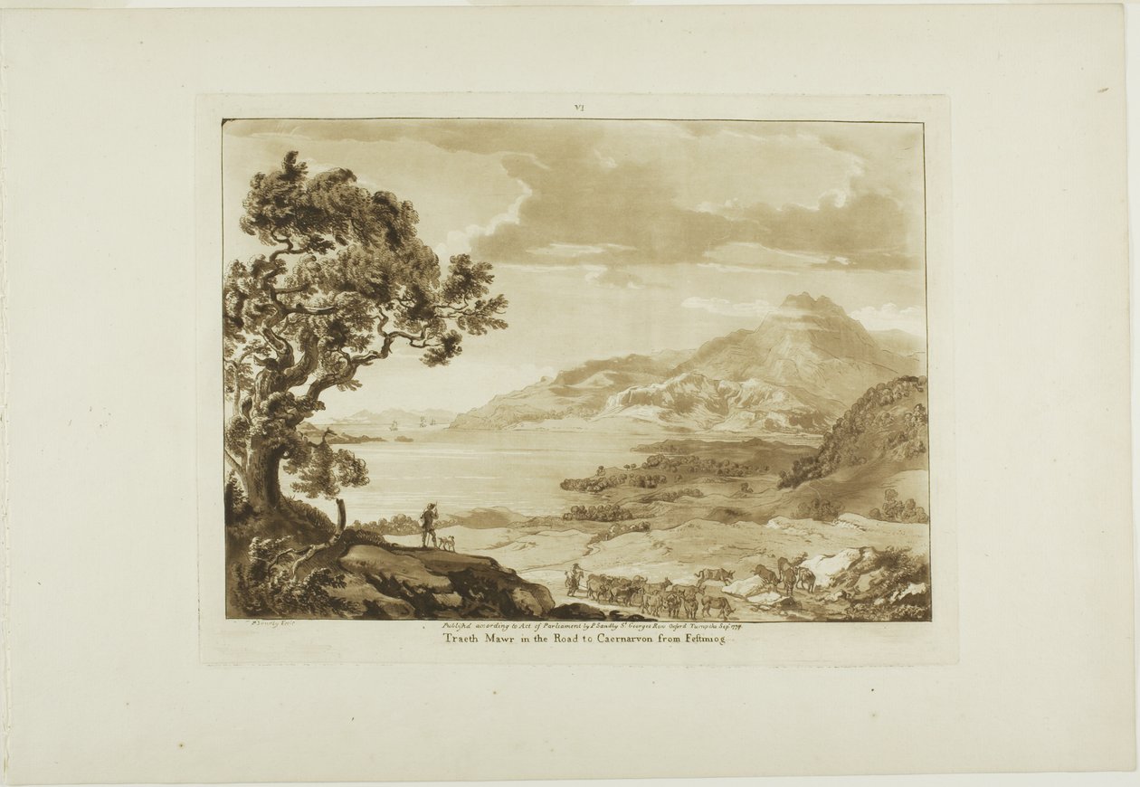 Traeth Mawr na drodze do Caernarvan z Fistiniog, płyta szósta z Twelve Views in Wales autorstwa Paul Sandby
