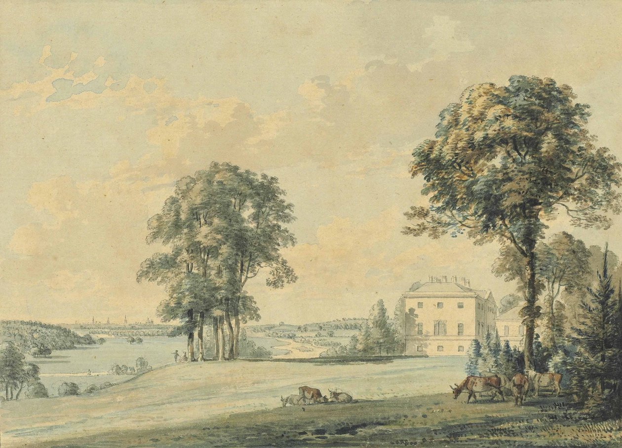 Widok na Nuneham House, Nuneham Courtenay, wieże Oksfordu poza nią autorstwa Paul Sandby