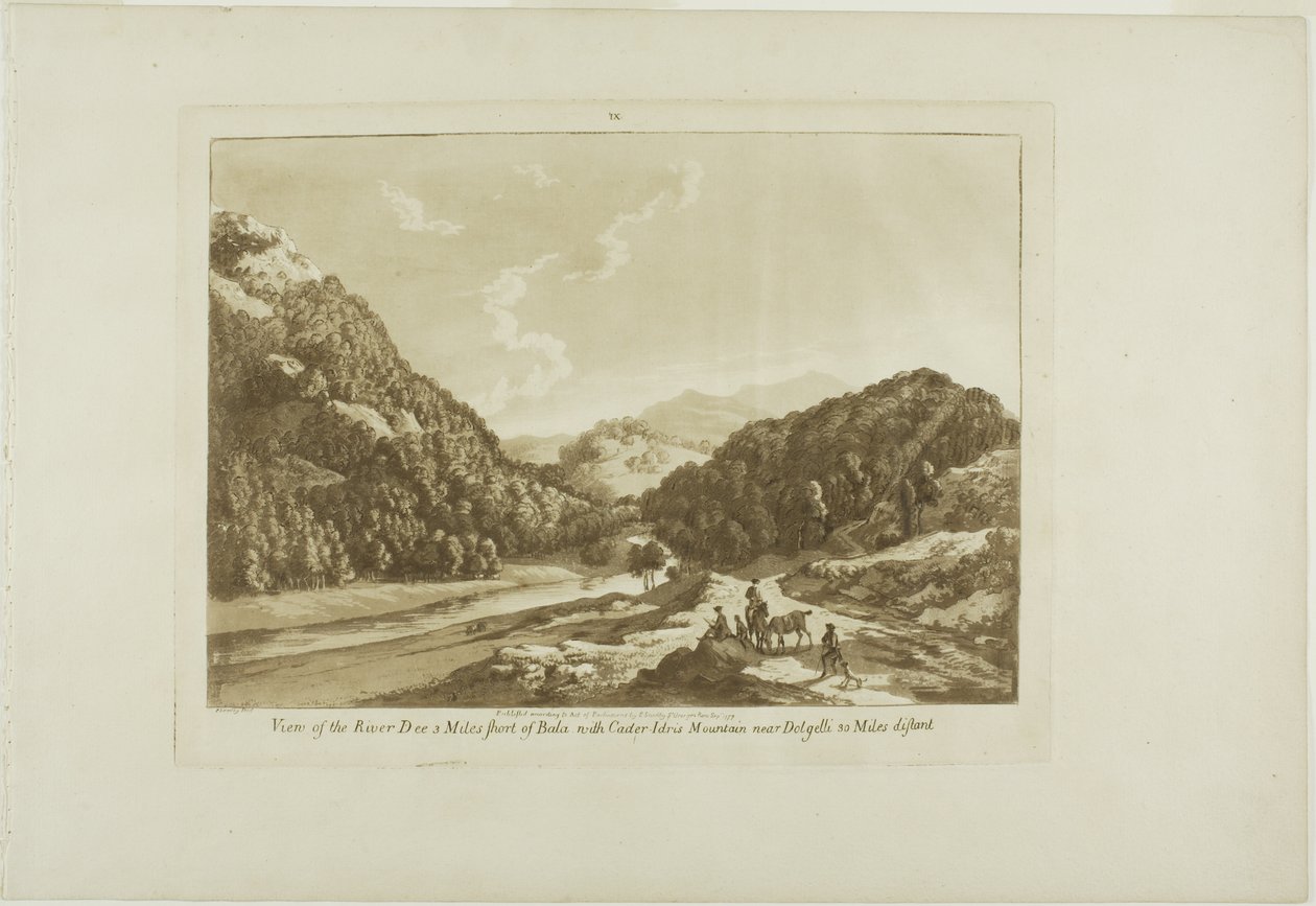 Widok na rzekę Dee 3 mile od Bala, z górą Cadar-Idris w pobliżu Dolgelli 30 mil dalej, płyta dziewiąta z Twelve Views in Wales autorstwa Paul Sandby