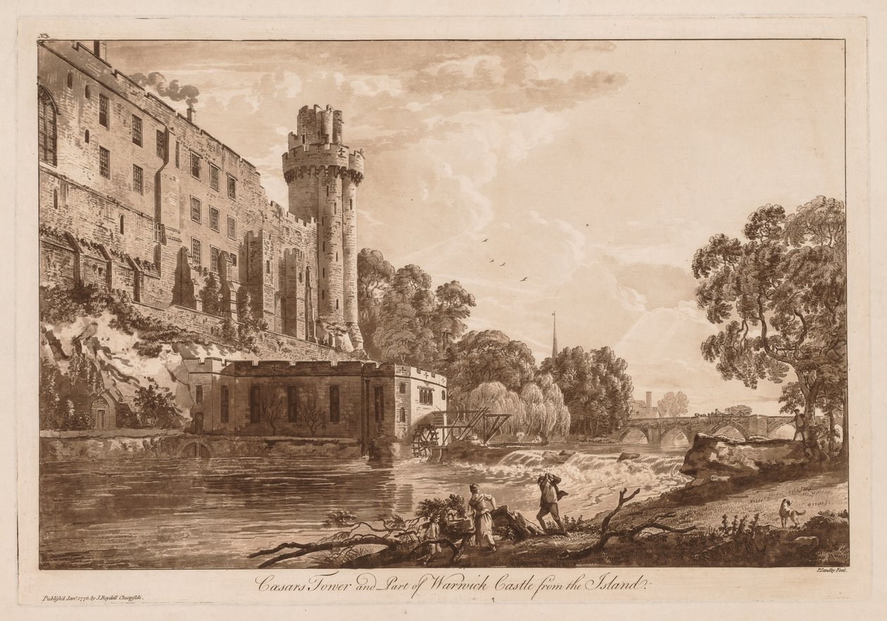 Widoki zamku Warwick: Cezara i część zamku Warwick z wyspy, 1776. autorstwa Paul Sandby