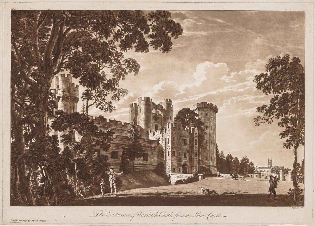 Widoki zamku Warwick: Wejście do zamku Warwick z sądu niższego szczebla, 1776 r. autorstwa Paul Sandby