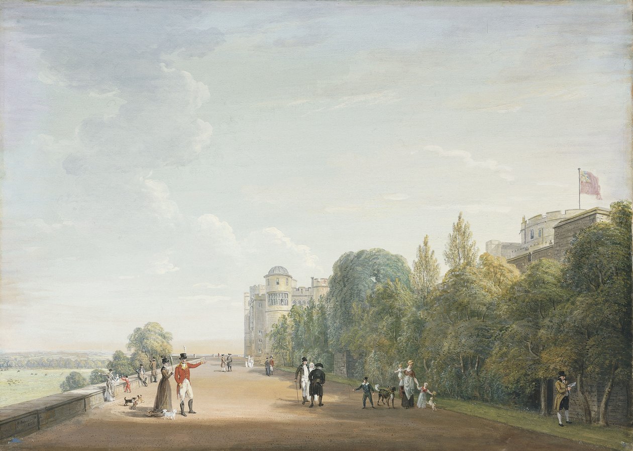 Zamek Windsor: Północny taras patrzący na wschód, z eleganckimi postaciami, 1803 autorstwa Paul Sandby