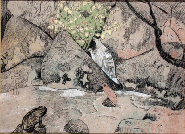 Pejzaż z ptakiem i ropuchą (węgiel i pastel na papierze) autorstwa Paul Sérusier
