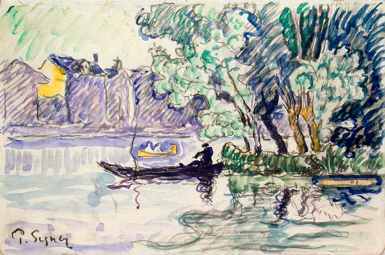 Rybak w łodzi w pobliżu brzegu Sekwany, ok. 1900 autorstwa Paul Signac